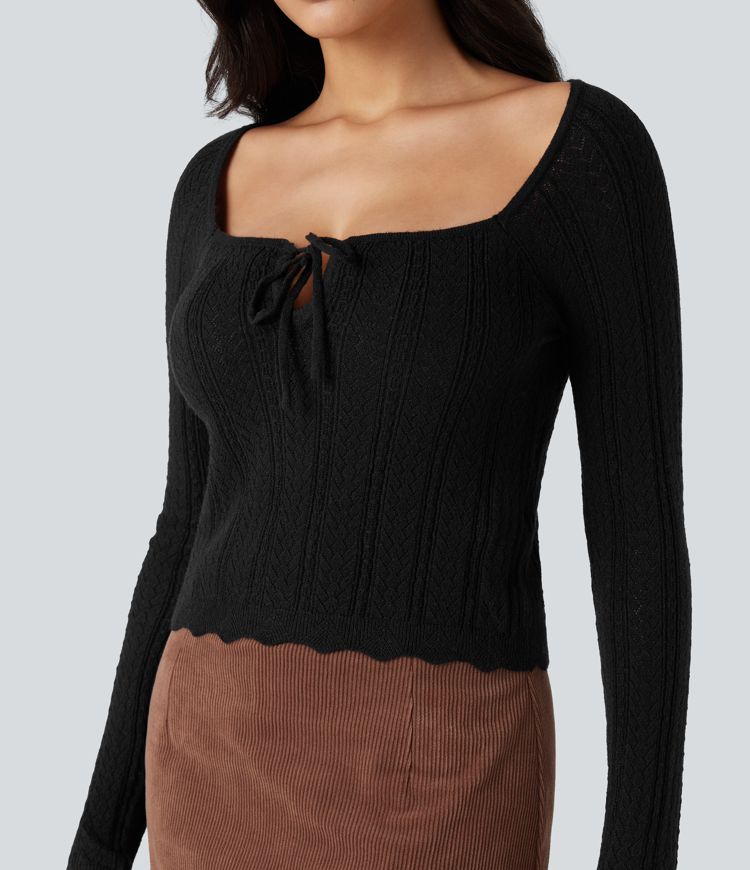 Lässiger Pullover mit quadratischem Ausschnitt, langen Ärmeln und Muschelsaum