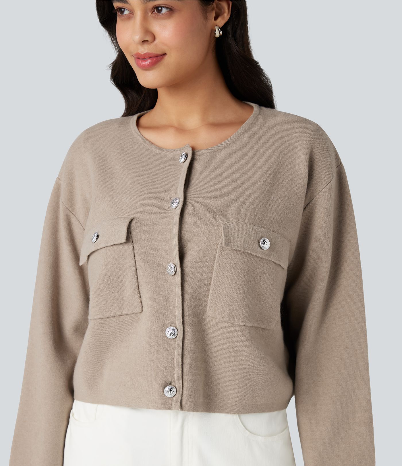 Round Neck Long Sleeve Casual Cardigan with Pockets