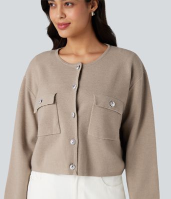 Round Neck Long Sleeve Casual Cardigan with Pockets
