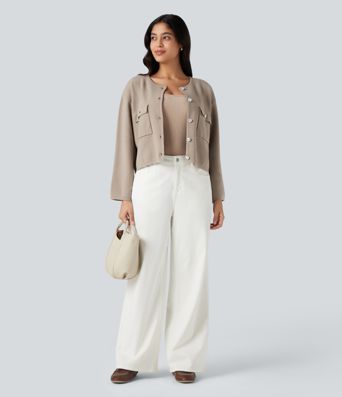 Round Neck Long Sleeve Casual Cardigan with Pockets