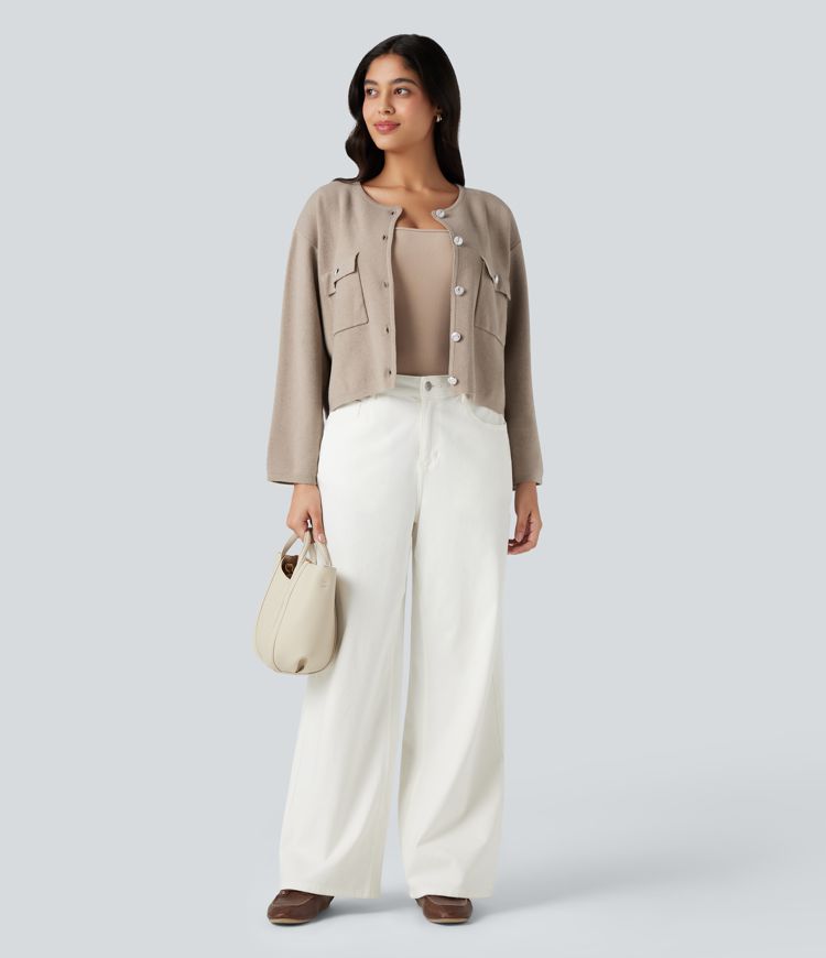 Round Neck Long Sleeve Casual Cardigan with Pockets