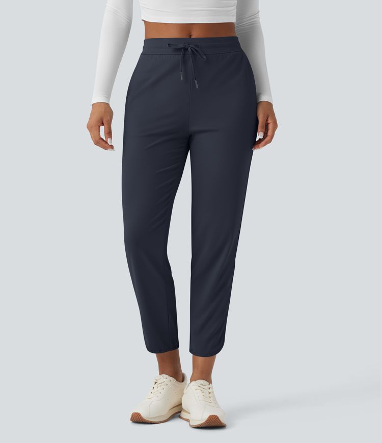 Mid Rise Drawstring Curved Hem Quick Dry Golf Tapered Trousers with Pockets-UPF40+