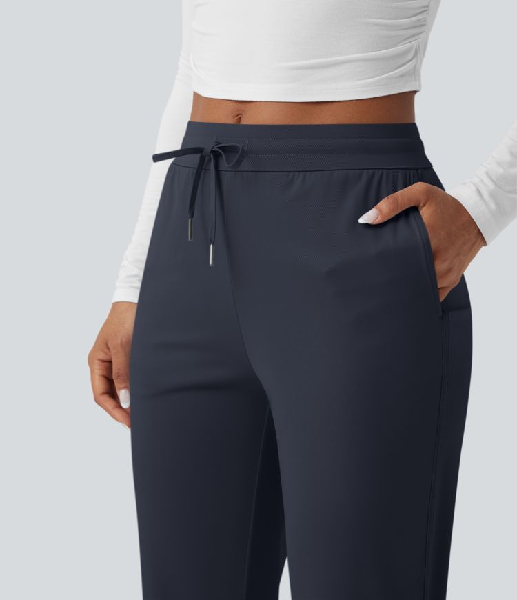 Mid Rise Drawstring Curved Hem Quick Dry Golf Tapered Trousers with Pockets-UPF40+