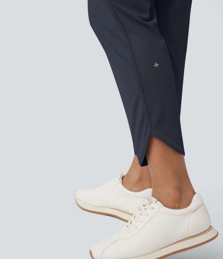 Mid Rise Drawstring Curved Hem Quick Dry Golf Tapered Trousers with Pockets-UPF40+