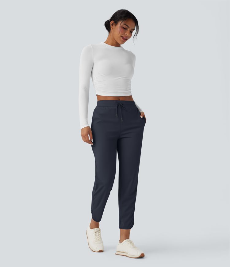 Mid Rise Drawstring Curved Hem Quick Dry Golf Tapered Trousers with Pockets-UPF40+