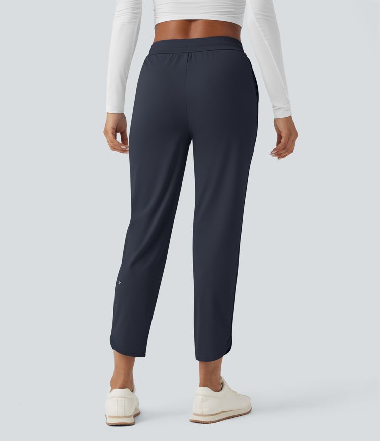 Mid Rise Drawstring Curved Hem Quick Dry Golf Tapered Trousers with Pockets-UPF40+