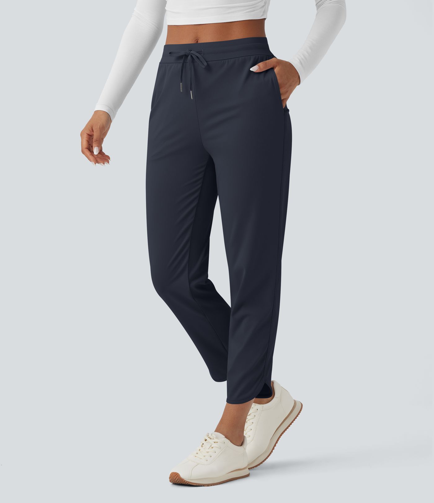 Mid Rise Drawstring Curved Hem Quick Dry Golf Tapered Trousers with Pockets-UPF40+