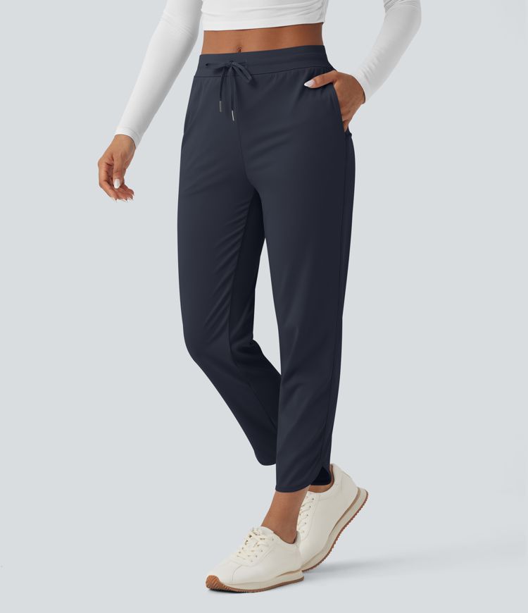 Mid Rise Drawstring Curved Hem Quick Dry Golf Tapered Trousers with Pockets-UPF40+