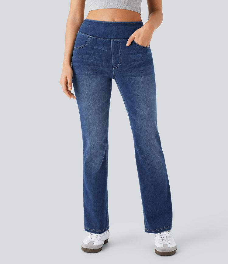 Jean décontracté Halara Flex™ bootcut extensible délavé taille haute à poches multiples