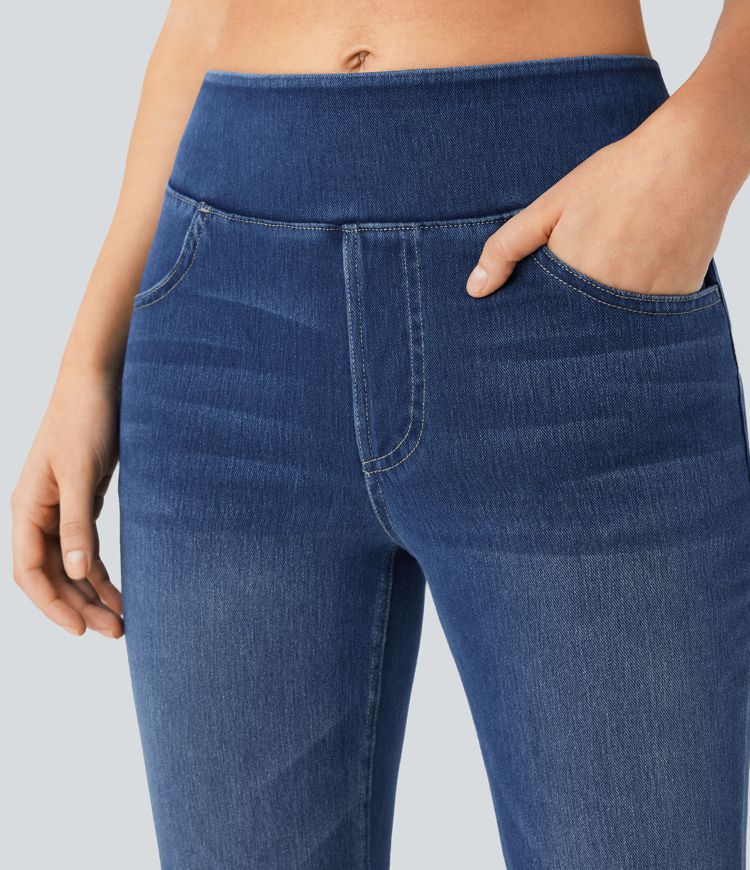 Jean décontracté Halara Flex™ bootcut extensible délavé taille haute à poches multiples