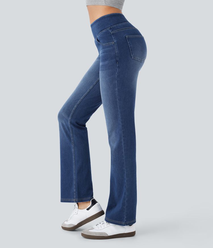 Jean décontracté Halara Flex™ bootcut extensible délavé taille haute à poches multiples