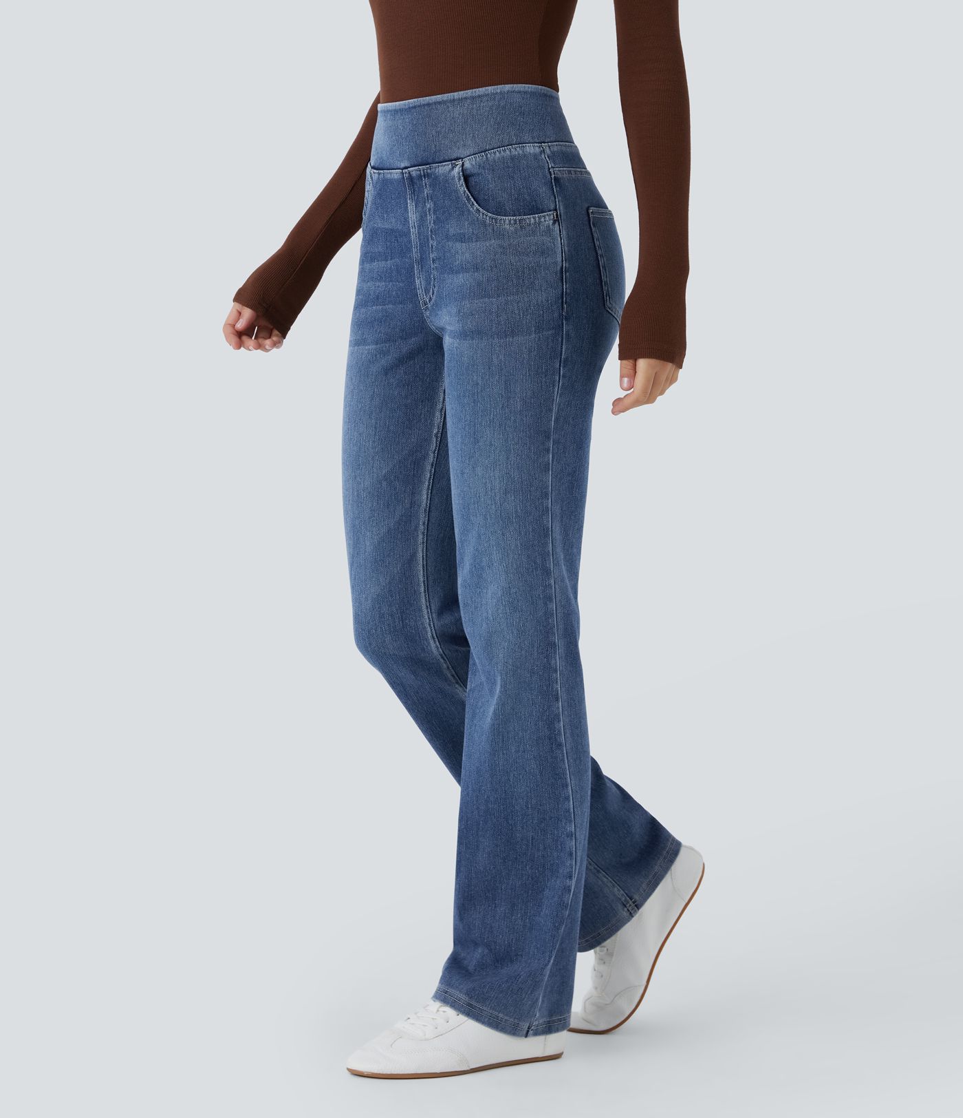 Jeans Halara Flex™ Denim tiro alto lavado elástico múltiple bolsillo corte acampanado