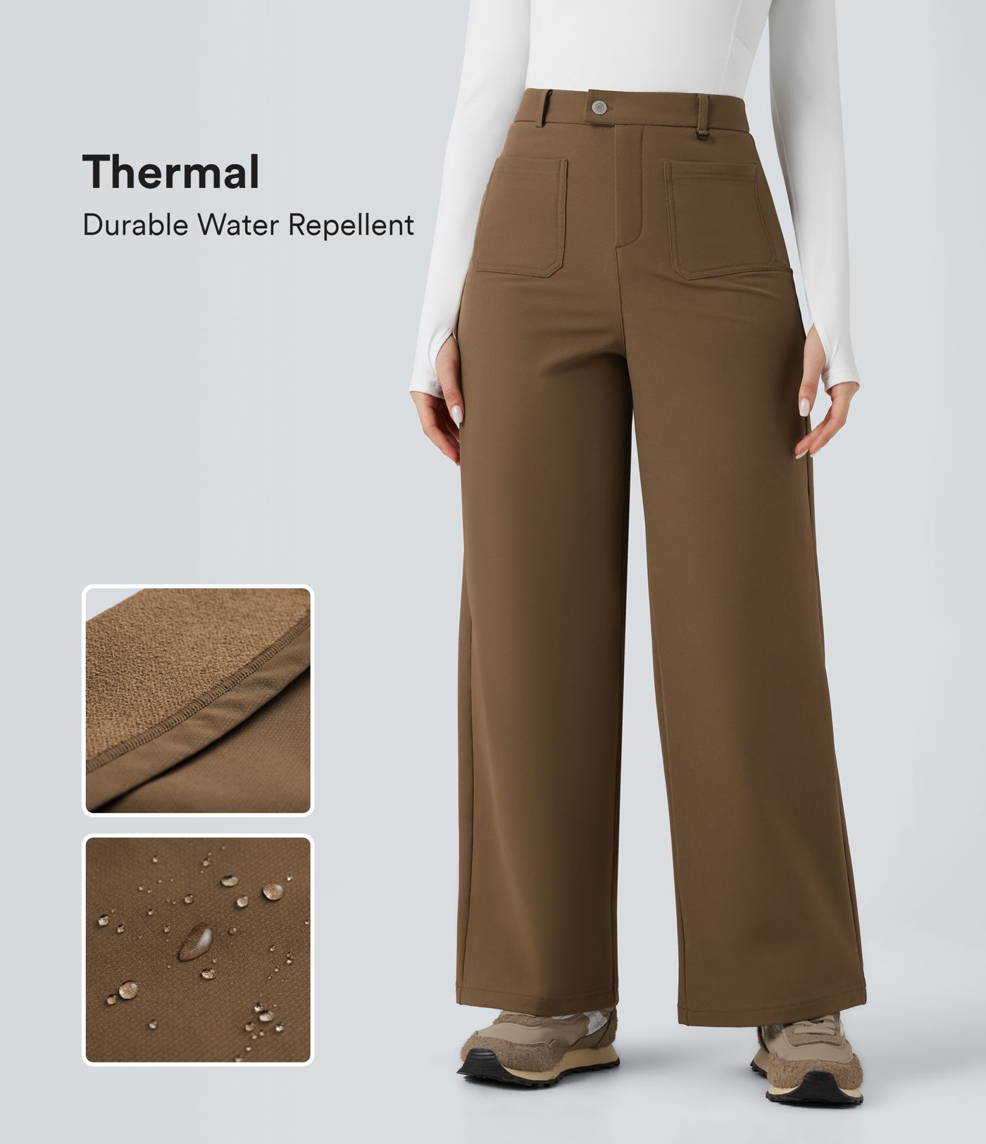 Robuste, wasserabweisende, wärmende, hochgeschnittene Wanderhose mit weitem Bein und Taschen.