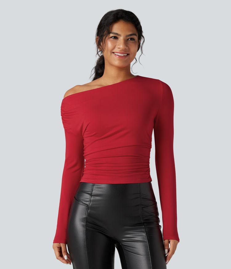 Lässiges, gerafftes Oberteil mit langen Ärmeln und One-Shoulder-Design