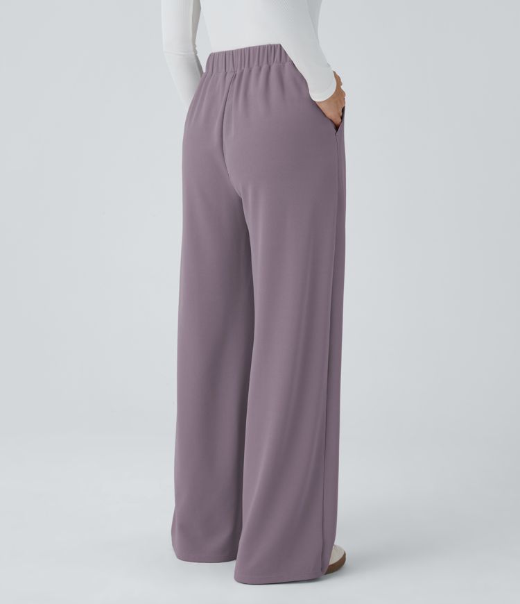 High Waisted Pocket Wide Leg Waffle Casual Pants
