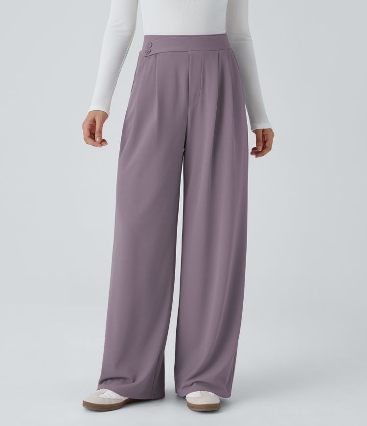 High Waisted Pocket Wide Leg Waffle Casual Pants