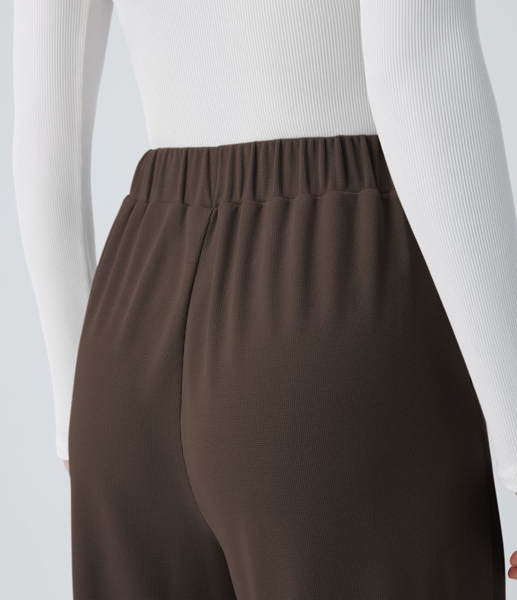 High Waisted Pocket Wide Leg Waffle Casual Pants