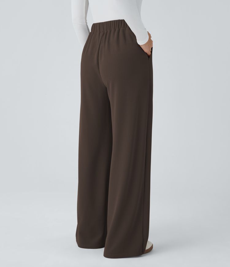 High Waisted Button Plicated Side Pocket Wide Leg Waffle Casual Pants