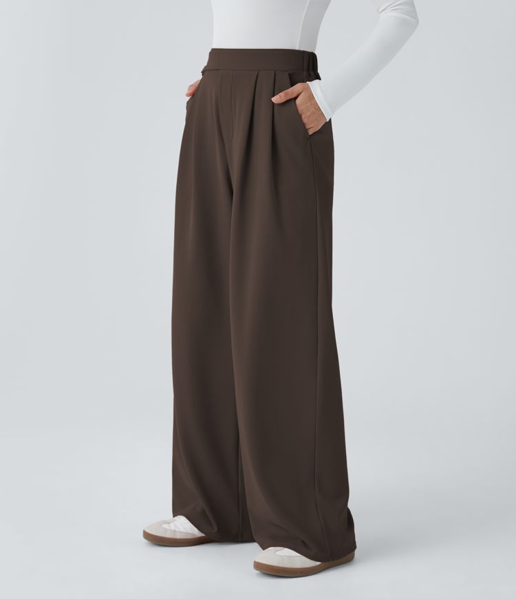 High Waisted Pocket Wide Leg Waffle Casual Pants