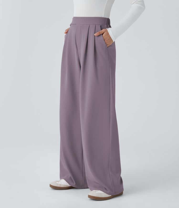 High Waisted Pocket Wide Leg Waffle Casual Pants
