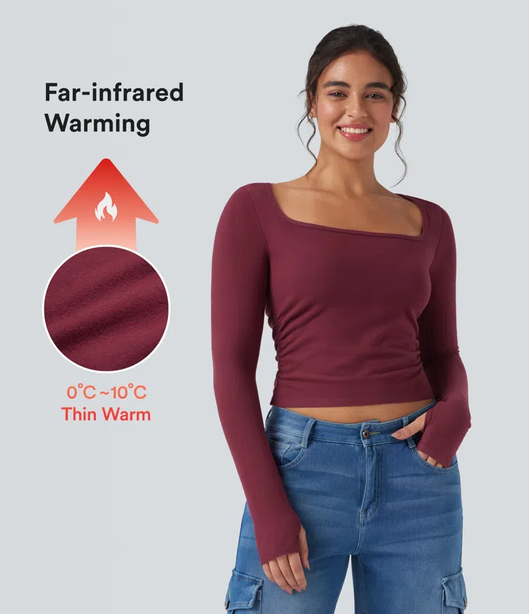 Cordovan Halara HeatCore U-Neck Long Sleeve Thumb Holes Ruched Slim Casual Warming Top / 1