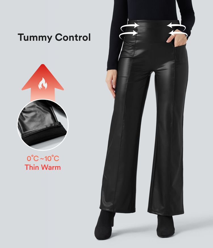 High Waisted Tummy Control Stretchy PU Fleece Casual Flare Trousers with Pockets
