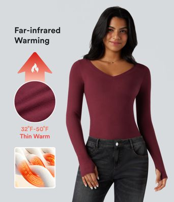 Halara HeatCore V Neck Long Sleeve Thumb Hole Casual Warming Top