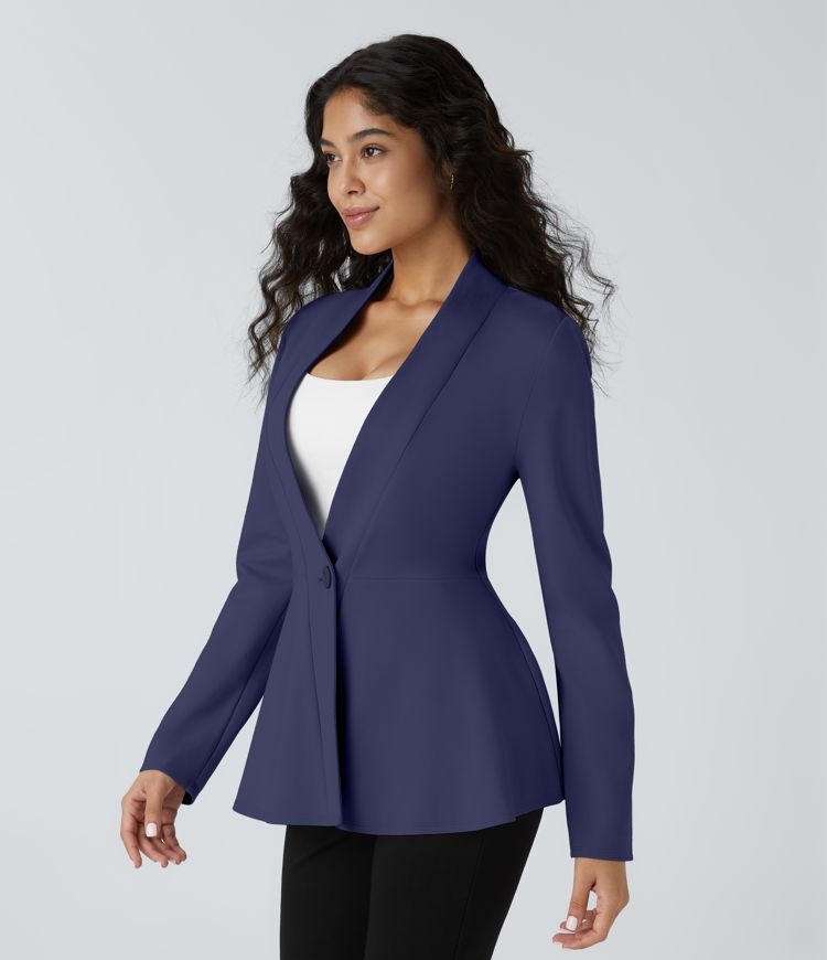 V Neck Single Button Front Work Peplum Jacket