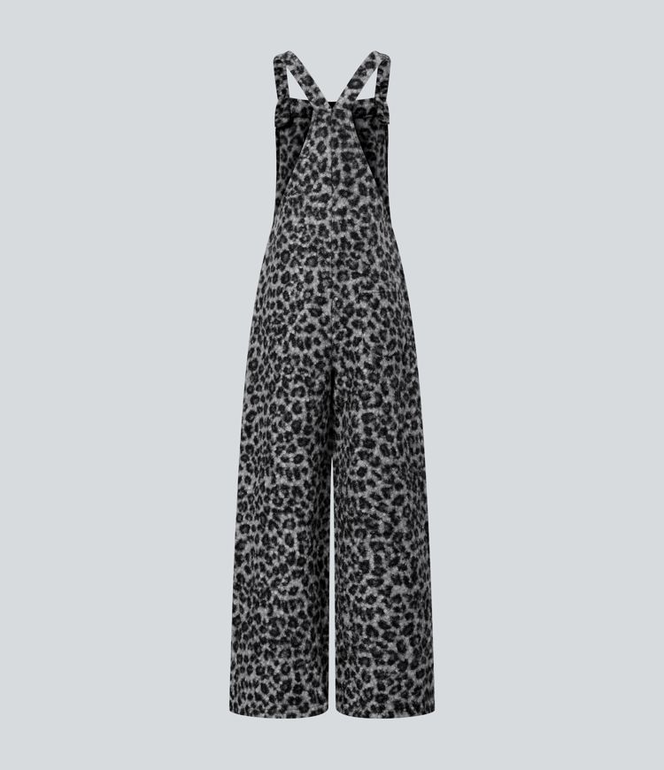 Square Neck Leopard Print Teddy Casual Baggy Overalls with Pockets