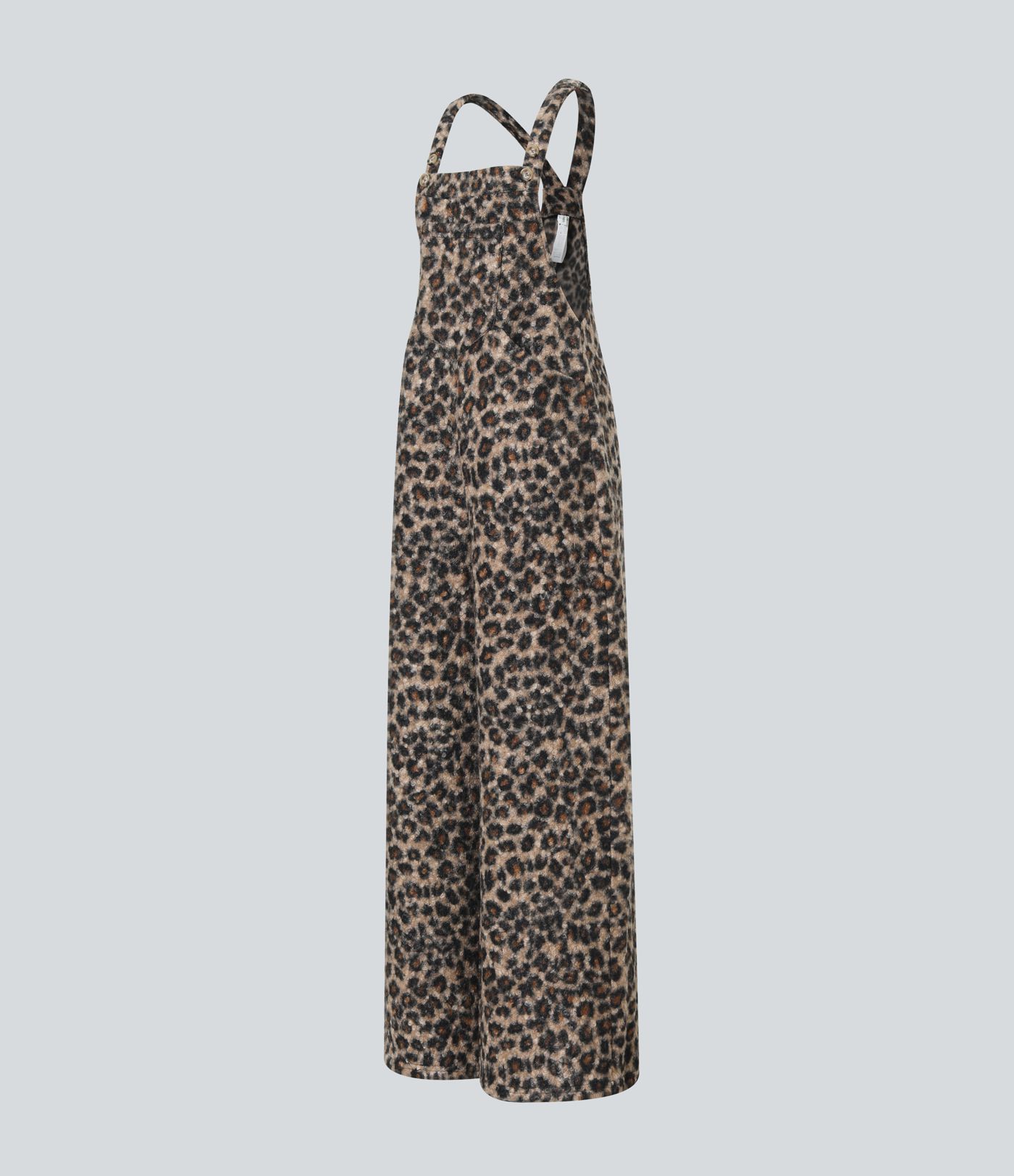 Square Neck Leopard Print Teddy Casual Baggy Overalls with Pockets