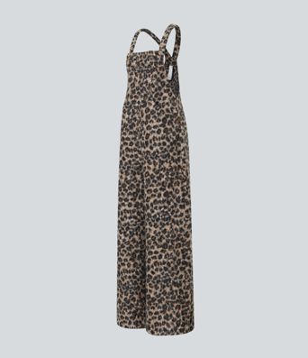 Square Neck Leopard Print Teddy Casual Baggy Overalls with Pockets