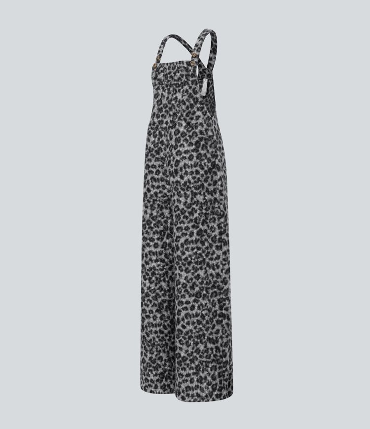 Square Neck Leopard Print Teddy Casual Baggy Overalls with Pockets