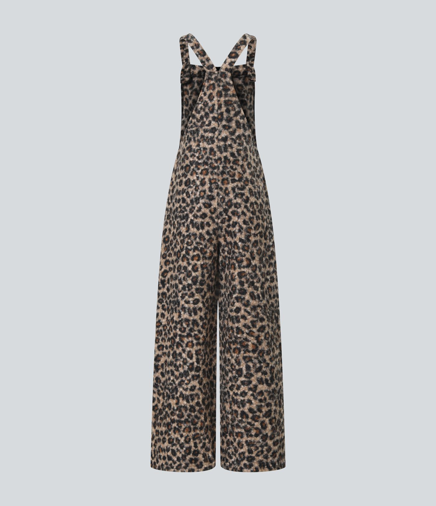 Square Neck Leopard Print Teddy Casual Baggy Overalls with Pockets