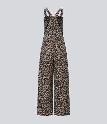 Square Neck Leopard Print Teddy Casual Baggy Overalls with Pockets