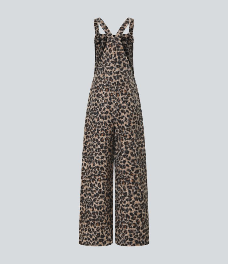 Square Neck Leopard Print Teddy Casual Baggy Overalls with Pockets