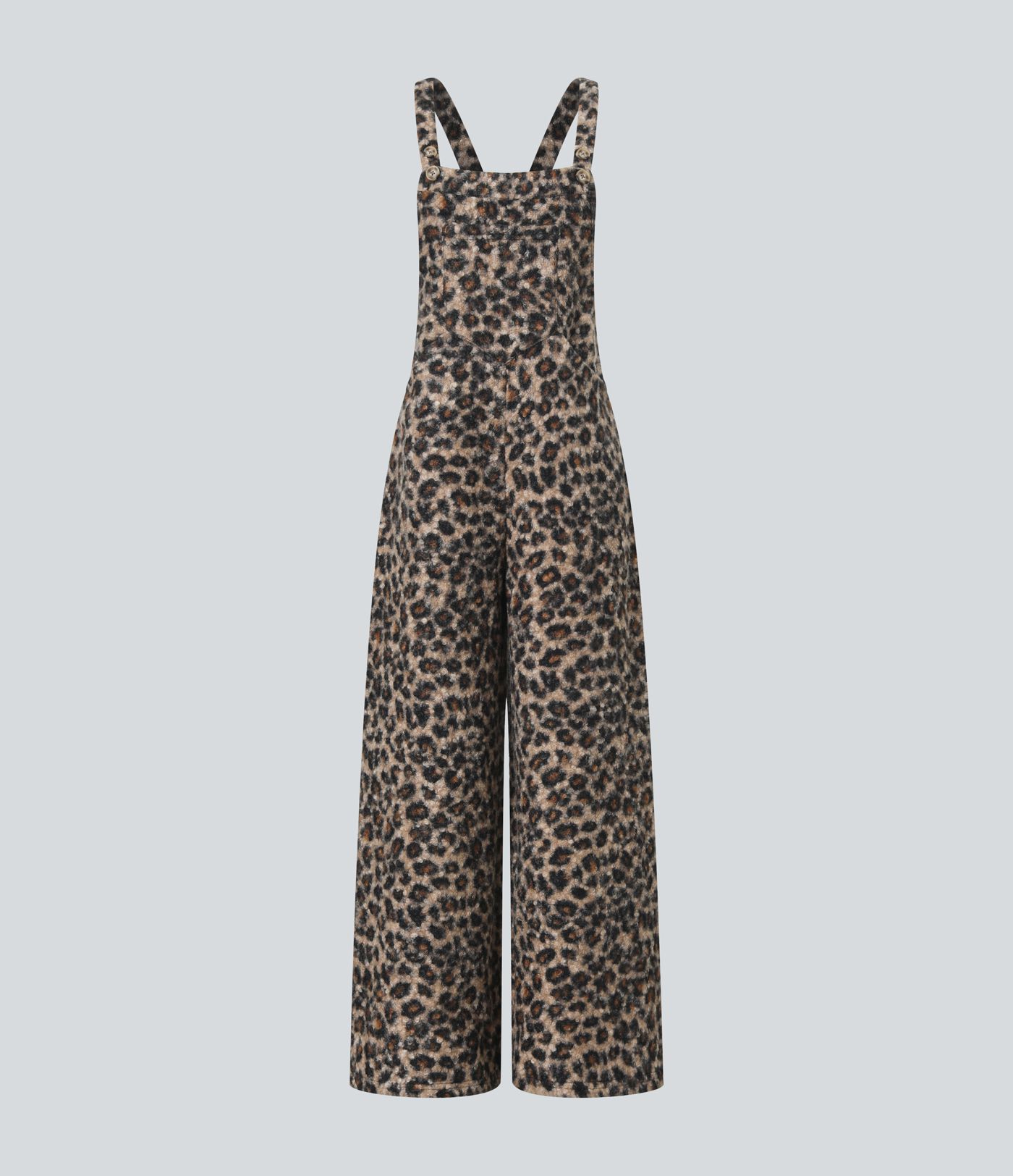 Square Neck Leopard Print Teddy Casual Baggy Overalls with Pockets
