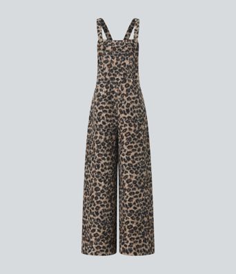 Square Neck Leopard Print Teddy Casual Baggy Overalls with Pockets