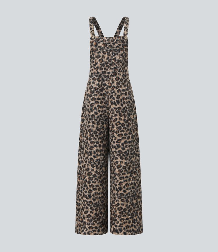 Square Neck Leopard Print Teddy Casual Baggy Overalls with Pockets