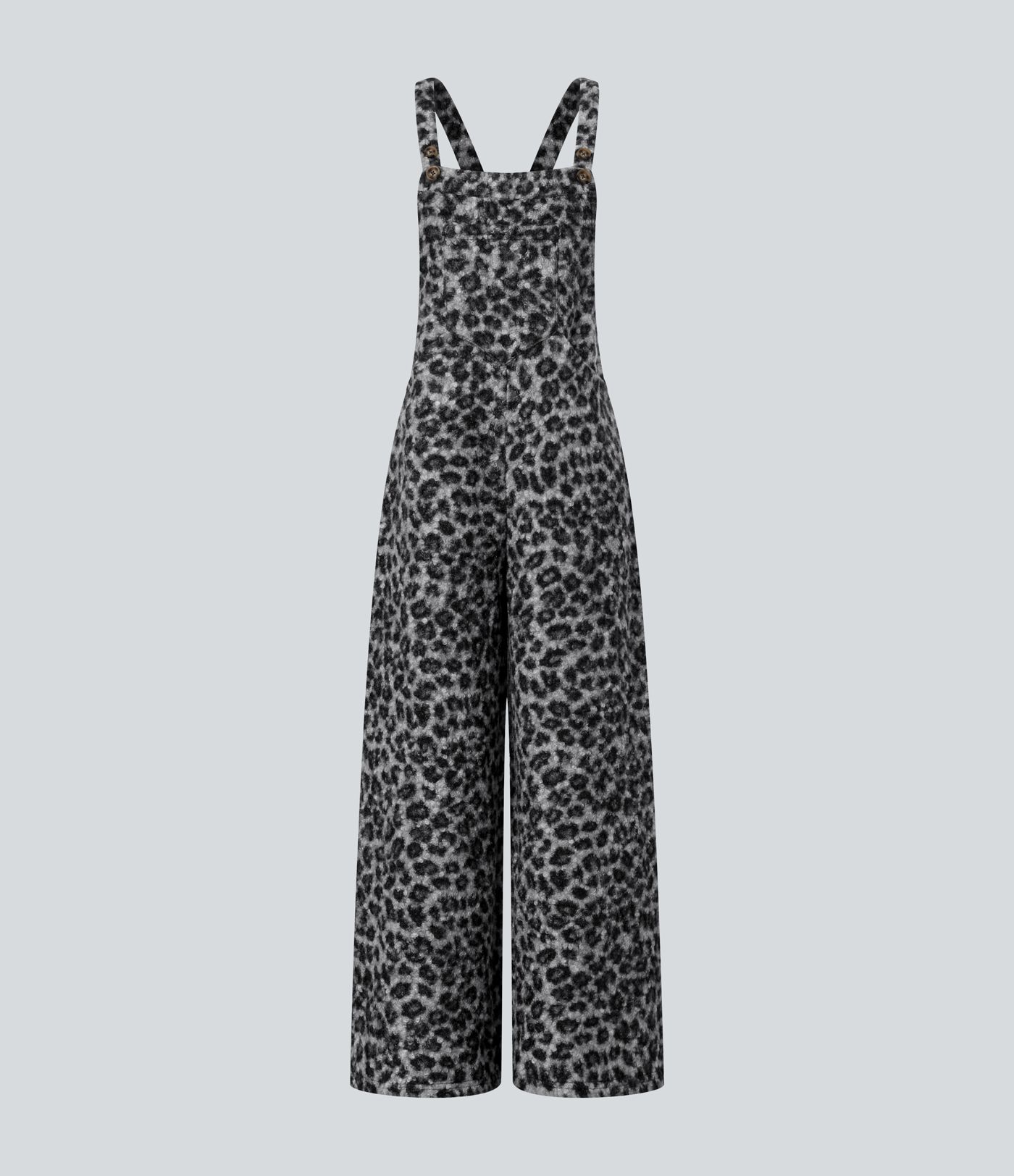Square Neck Leopard Print Teddy Casual Baggy Overalls with Pockets