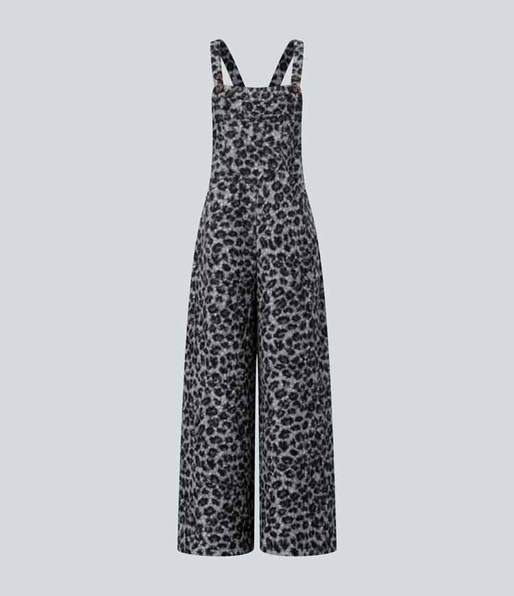 Square Neck Leopard Print Teddy Casual Baggy Overalls with Pockets