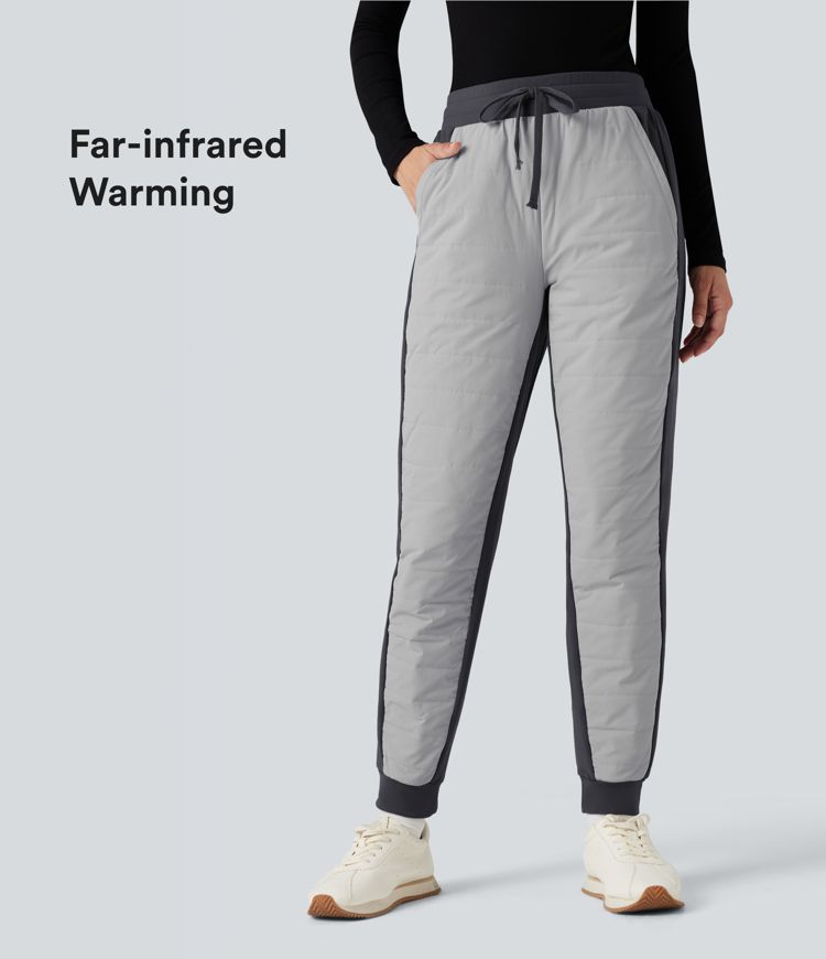 High Waisted Drawstring Color Block Fleece Hiking Quilted Joggers with Pockets