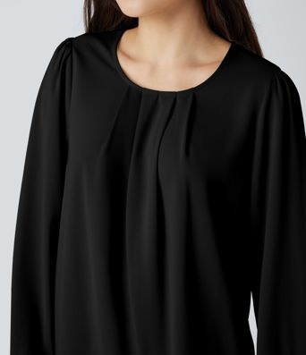 Round Neck Keyhole Back Puff Sleeve Curved Hem Relaxed Work Blouse