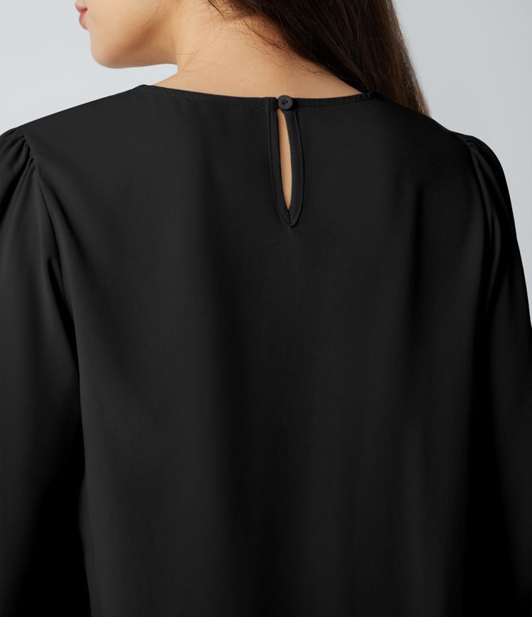 Round Neck Keyhole Back Puff Sleeve Curved Hem Relaxed Work Blouse