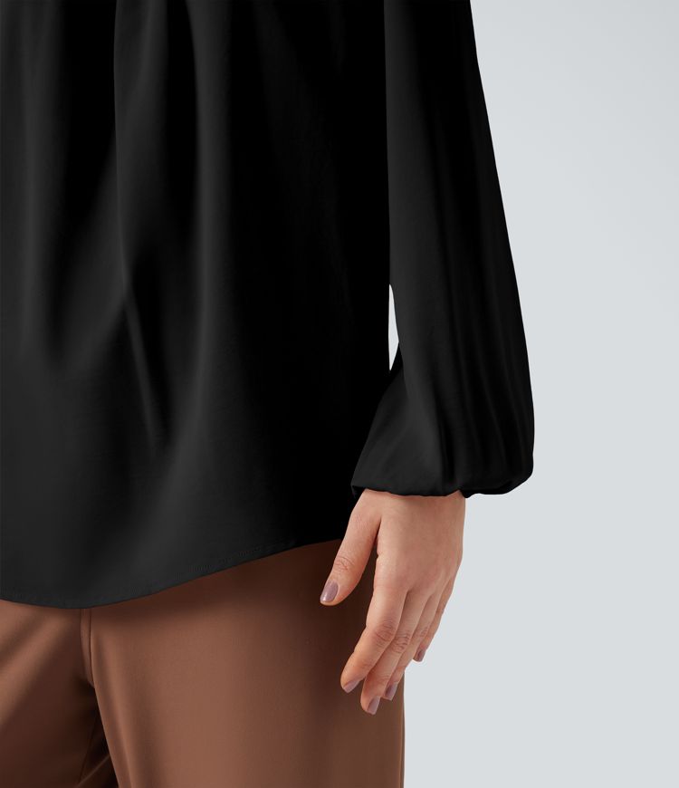 Round Neck Keyhole Back Puff Sleeve Curved Hem Relaxed Work Blouse