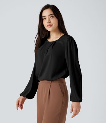 Round Neck Keyhole Back Puff Sleeve Curved Hem Relaxed Work Blouse