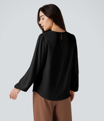 Round Neck Keyhole Back Puff Sleeve Curved Hem Relaxed Work Blouse