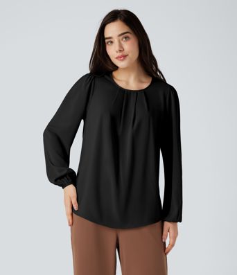 Round Neck Keyhole Back Puff Sleeve Curved Hem Relaxed Work Blouse