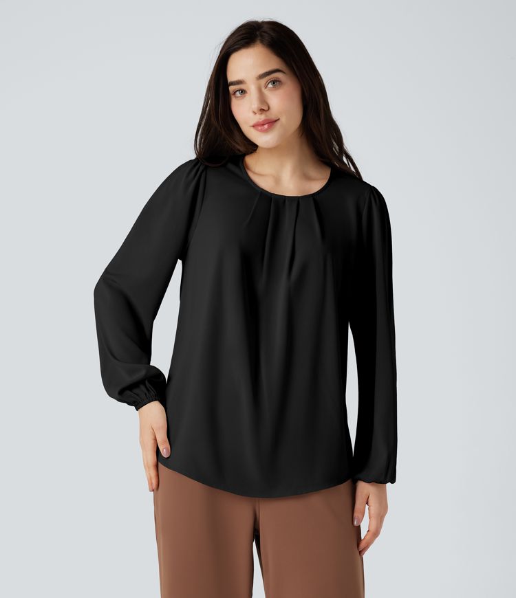 Round Neck Keyhole Back Puff Sleeve Curved Hem Relaxed Work Blouse