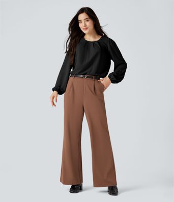 Round Neck Keyhole Back Puff Sleeve Curved Hem Relaxed Work Blouse