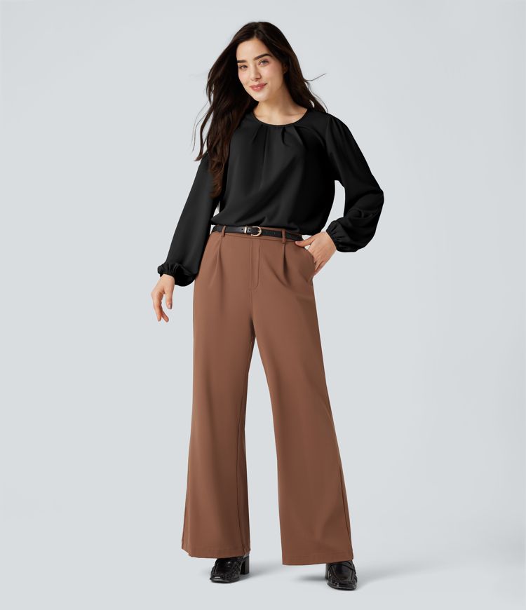 Round Neck Keyhole Back Puff Sleeve Curved Hem Relaxed Work Blouse